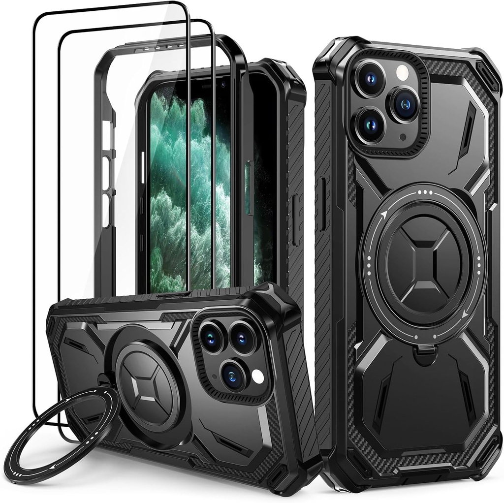 Carcasa Lanhiem pentru iPhone 11 Pro cu 2 folii de protectie din sticla securizata, carcasa de protectie rezistenta la socuri in stil militar, inel de sustinere ranforsat, neagra