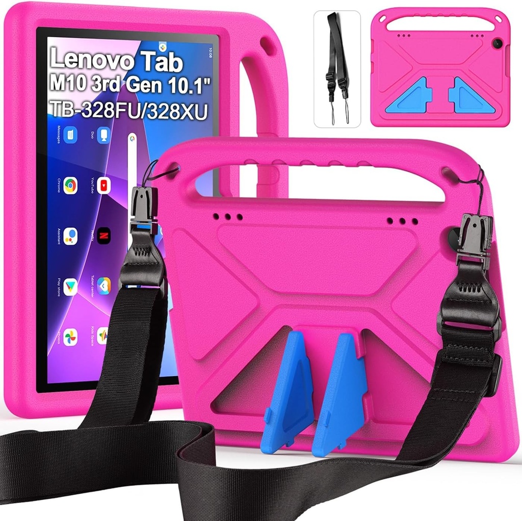 Husa RollinCase pentru copii pentru Lenovo Tab M10 a 3-a generatie 10.1" (TB-328FU/328XU), usoara, antiderapanta, cu maner si curea de umar pentru Tab M10 (a 3-a generatie) 10.1", roz