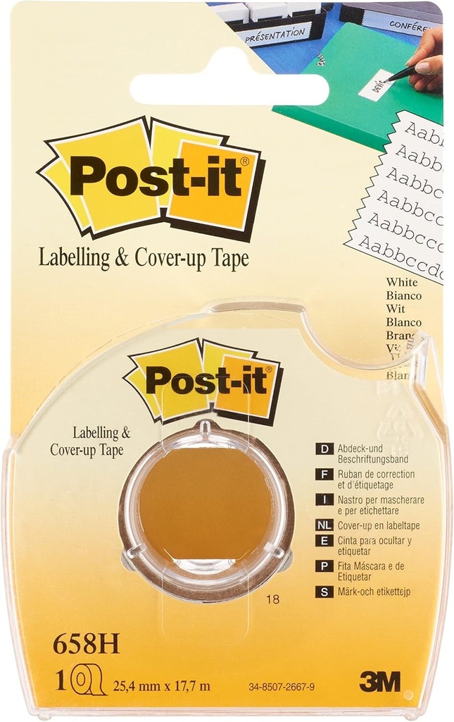 Banda adeziva Post-it pentru etichete si corectoare, scriere, alba si detasabila, rola Post-it pentru scoala, caiete si arhiva, rola de 25 mm x 17,7 m