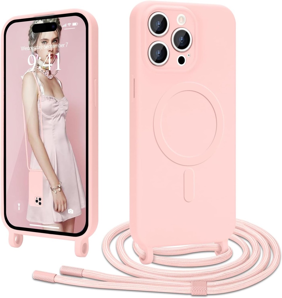 Ethanger Husa de telefon cu curea pentru iPhone 15 Pro Max [Compatibila cu MagSafe] Husa de telefon cu colier din silicon lichid, carcasa de protectie magnetica cu snur crossbody pentru iPhone 15 Pro Max roz