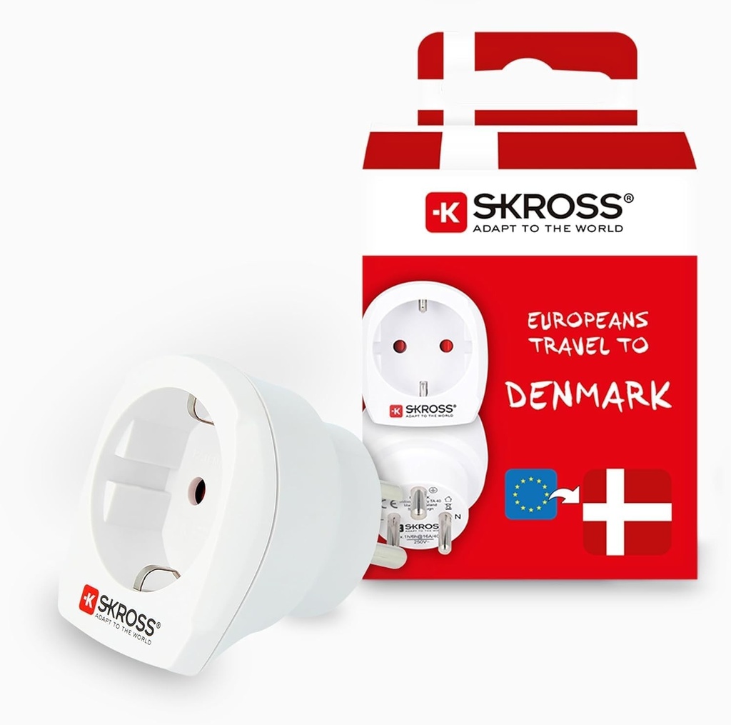 SKROSS | 1.500232-E | Europa catre Danemarca | Adaptor de calatorie din Europa catre Danemarca - Tensiune si putere: 100V - 1600W / 250V - 4000W. Protectie impotriva electrocutarii