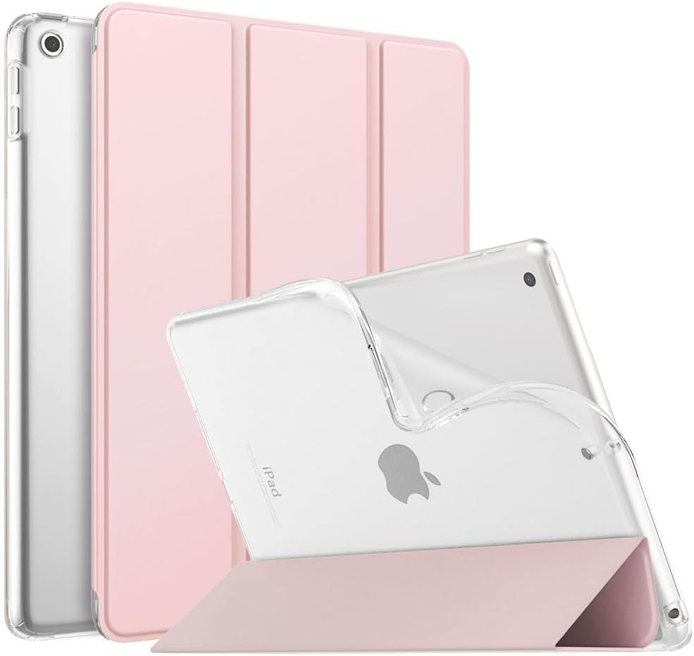 Husa MoKo compatibila cu noul iPad generatie 9/8/7 (2021/2020/2019), husa pentru iPad 10,2 inch cu suport, capac spate mat translucid TPU cu functie automata de activare/dezactivare, roz deschis