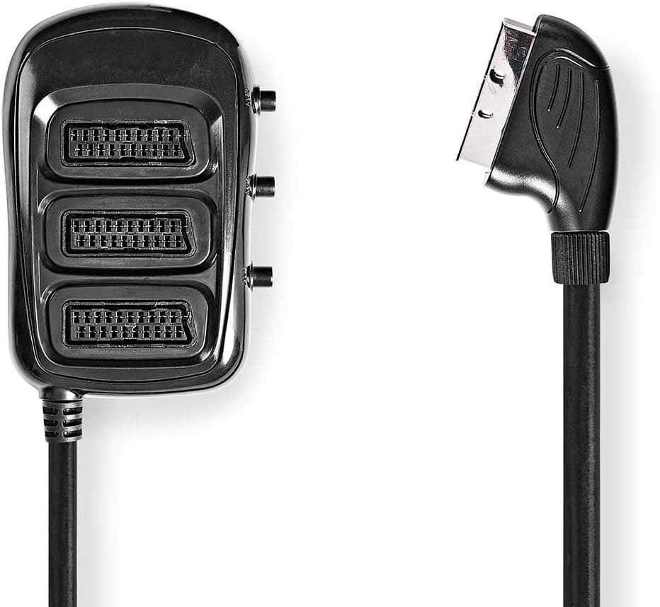 Cutie de comutare SCART - Mufa SCART - 3x mufa SCART - Nichelat - Rezolutie maxima: 800x480 - 0,50 m - Rotunda - PVC - Neagra - Cutie