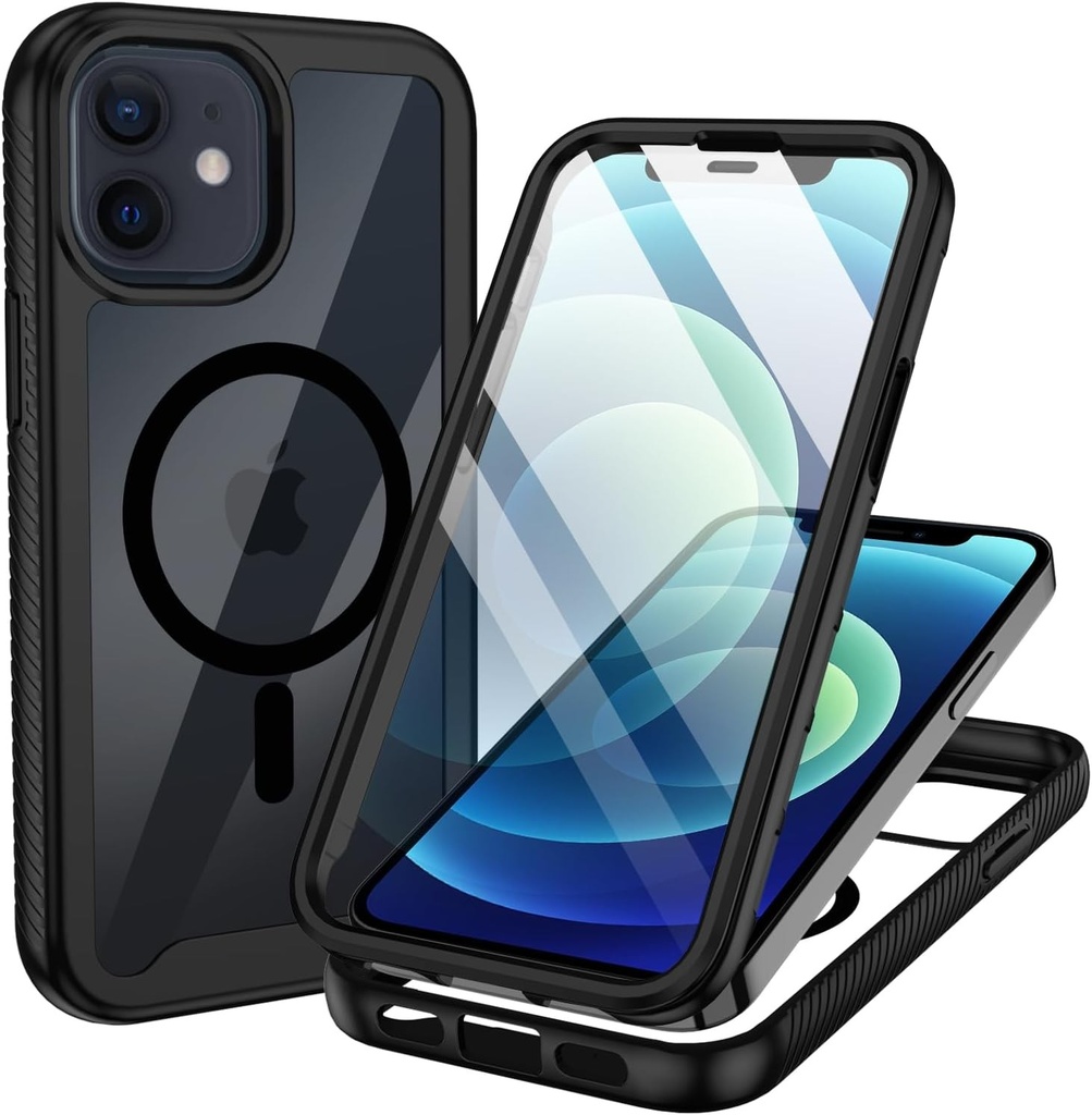 Carcasa magnetica XTCASE pentru iPhone 12/12 Pro, compatibila cu MagSafe, husa de telefon cu protectie completa la 360 de grade si protector de ecran incorporat, rezistenta la socuri, rezistenta la zgarieturi, anti-ingalbenire, neagra