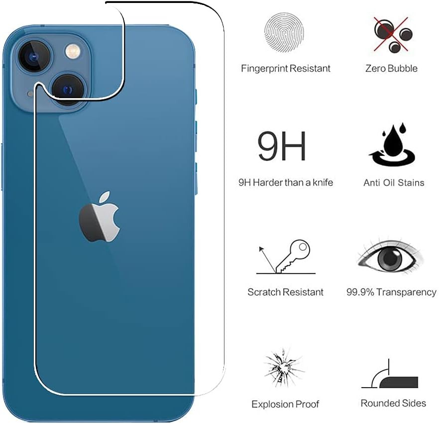 Wookfiss pentru iPhone 13, sticla securizata spate (2) + protectie camera spate (2), protectie ecran spate anti-zgarieturi cu duritate 9H pentru Apple iPhone 13
