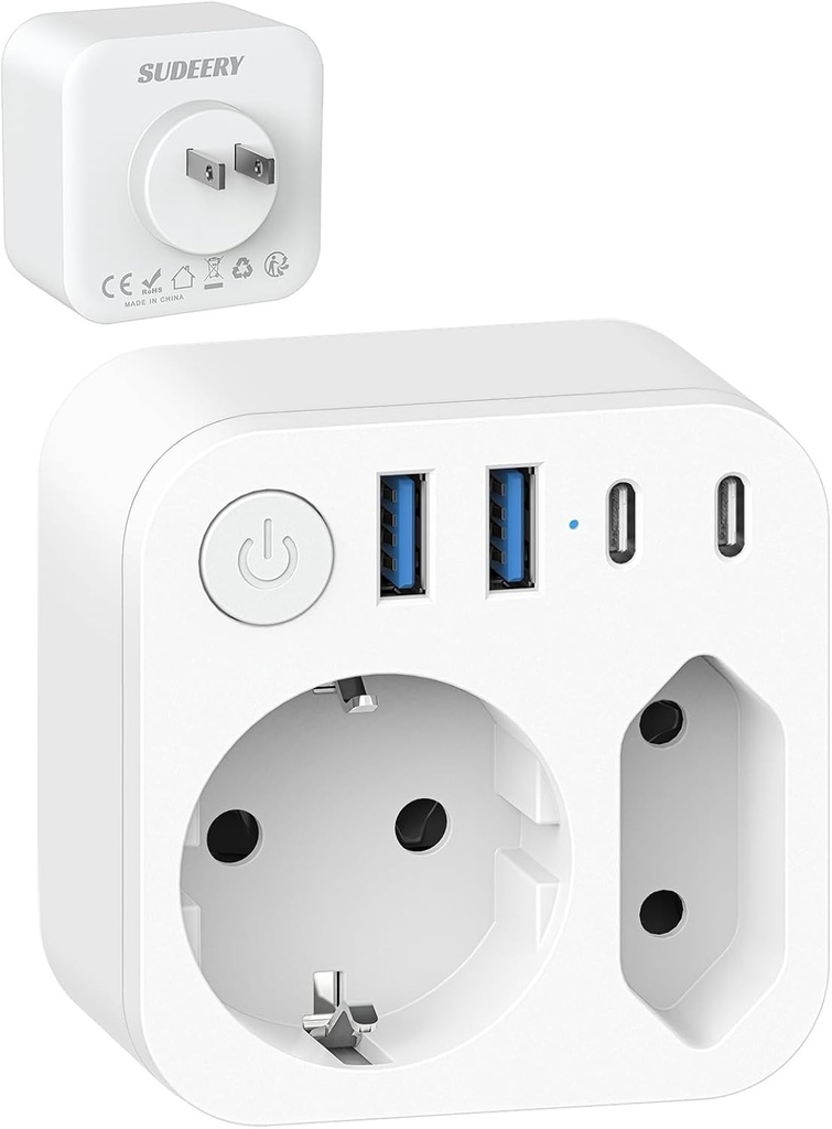 Conector de calatorie Franta-Japonia cu 4 porturi USB (2 USB-C), adaptor de calatorie cu iesire dubla, conector Schuko la tip A pentru SUA, Japonia, Canada, alb