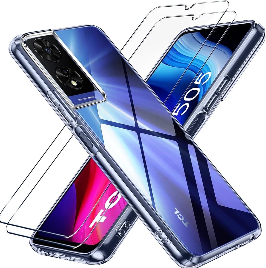 Carcasa pentru TCL 505 cu 2 folii de protectie din sticla securizata, carcasa transparenta din silicon rezistenta la socuri cu folie de protectie