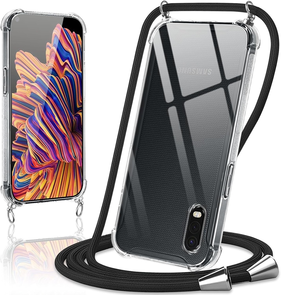 Husa de telefon Coiwxmoi cu curea pentru Samsung Galaxy Xcover Pro, 6.3", carcasa transparenta cu curea detasabila pentru gat, husa moale din silicon TPU rezistenta la socuri, neagra