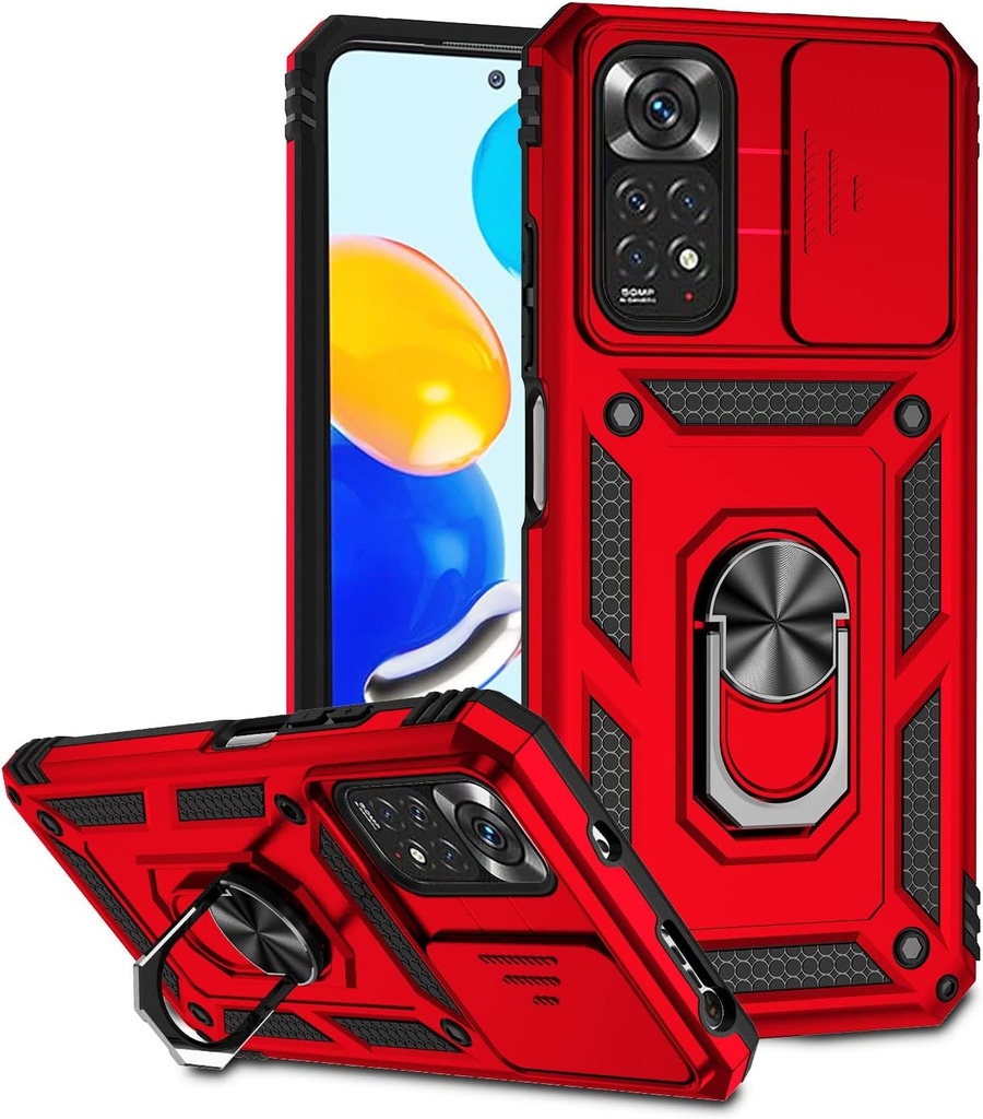 Husa XINYEXIN pentru Xiaomi Redmi Note 11 4G / Redmi Note 11S cu capac pentru camera si suport, capac glisant pentru camera + inel de suport la 360 de grade, carcasa rezistenta la socuri - Rosu