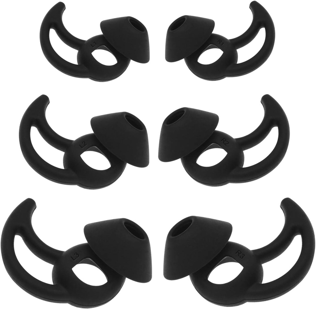EMSea 3 perechi dopuri de urechi din silicon, carlige pentru urechi, bucle pentru urechi, capete intraauriculare cu aripioare, compatibile cu castile Bo-se QuietComfort E Sport, marimea S, M, L, negru