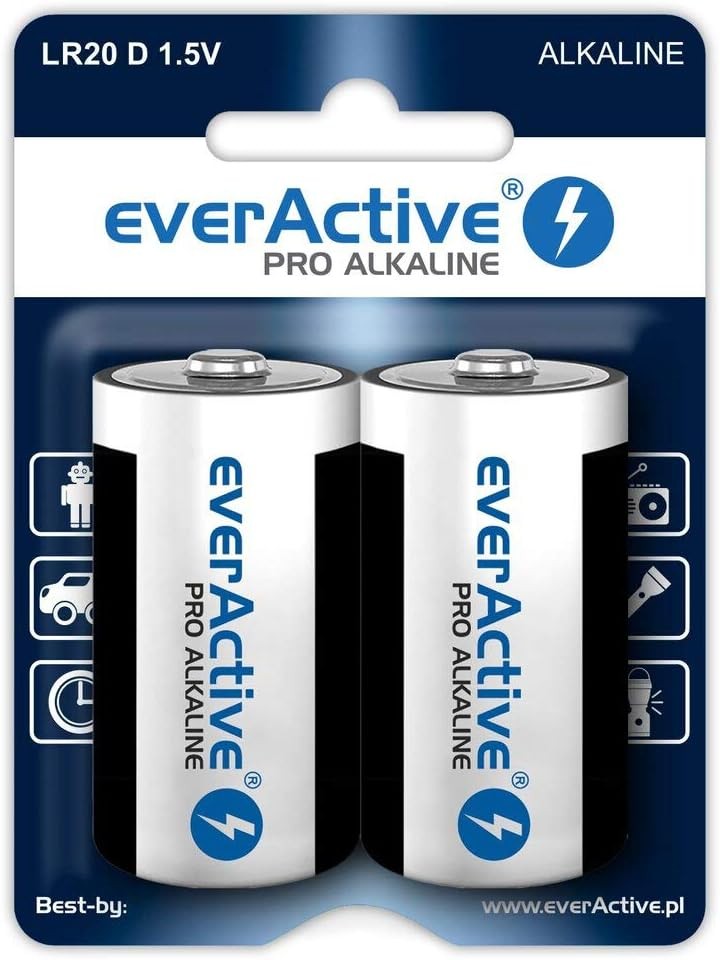 Baterii everActive D, pachet de 2, alcaline Pro, mono LR20 R20 1,5 V, performanta maxima, durata de valabilitate 10 ani, 2 bucati - 1 blister