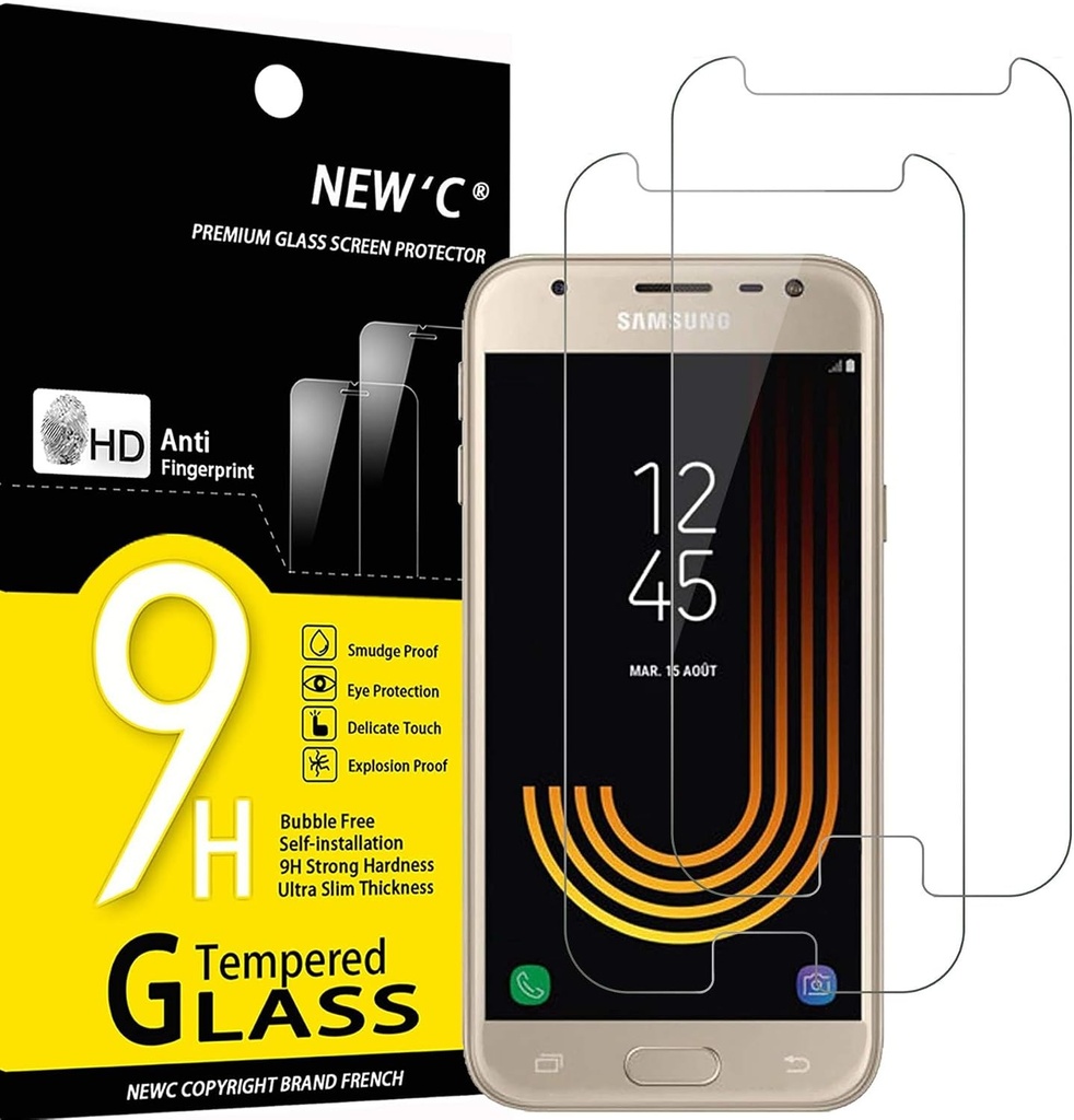 NEW'C Pachet de 2, Sticla securizata pentru Samsung Galaxy J3 2017, Protector de ecran fara bule, Ultra-rezistent (0.33mm HD Ultra Clear), Sticla cu duritate 9H