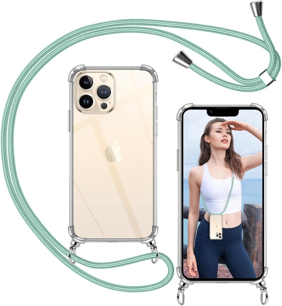 ISOI - Husa cu snur compatibila cu iPhone 13 Pro Max, colier cu curea de gat reglabila, husa transparenta din silicon TPU moale cu bara de protectie antisoc pentru airbag - Verde