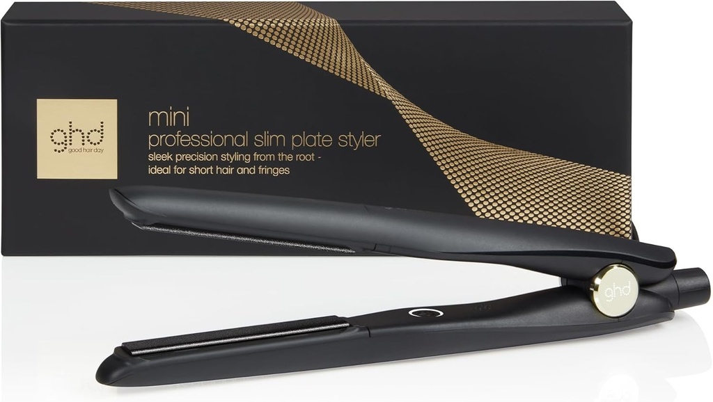 Placa de indreptat parul ghd Mini - Slim Plate - Neagra, placi cu 40% mai subtiri pentru o coafare precisa de la radacina, conceputa pentru par scurt, breton si bob, cu 50% mai multa stralucire