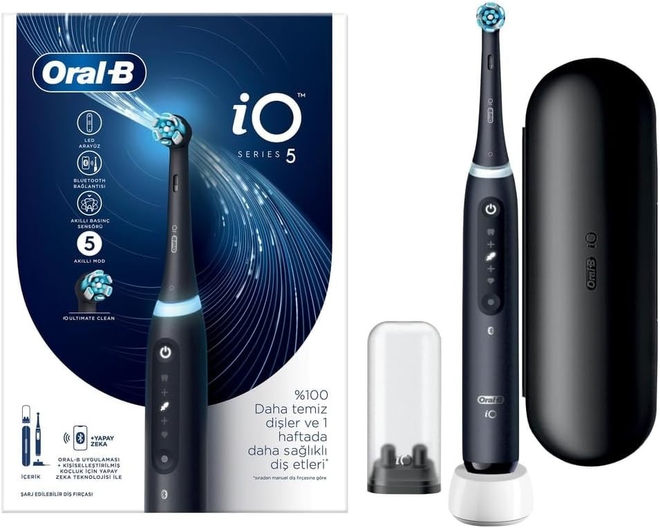 Periuta de dinti electrica Oral-B iO Series 5, tehnologie magnetica, 5 moduri de curatare pentru ingrijire orala, afisaj LED si husa de calatorie, proiectata de Braun, negru mat