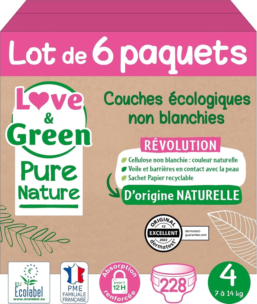Scutece ecologice Love & Green Pure Nature, 1 pachet de 198, nealbite, marimea 5 x 33 (11-25 kg)