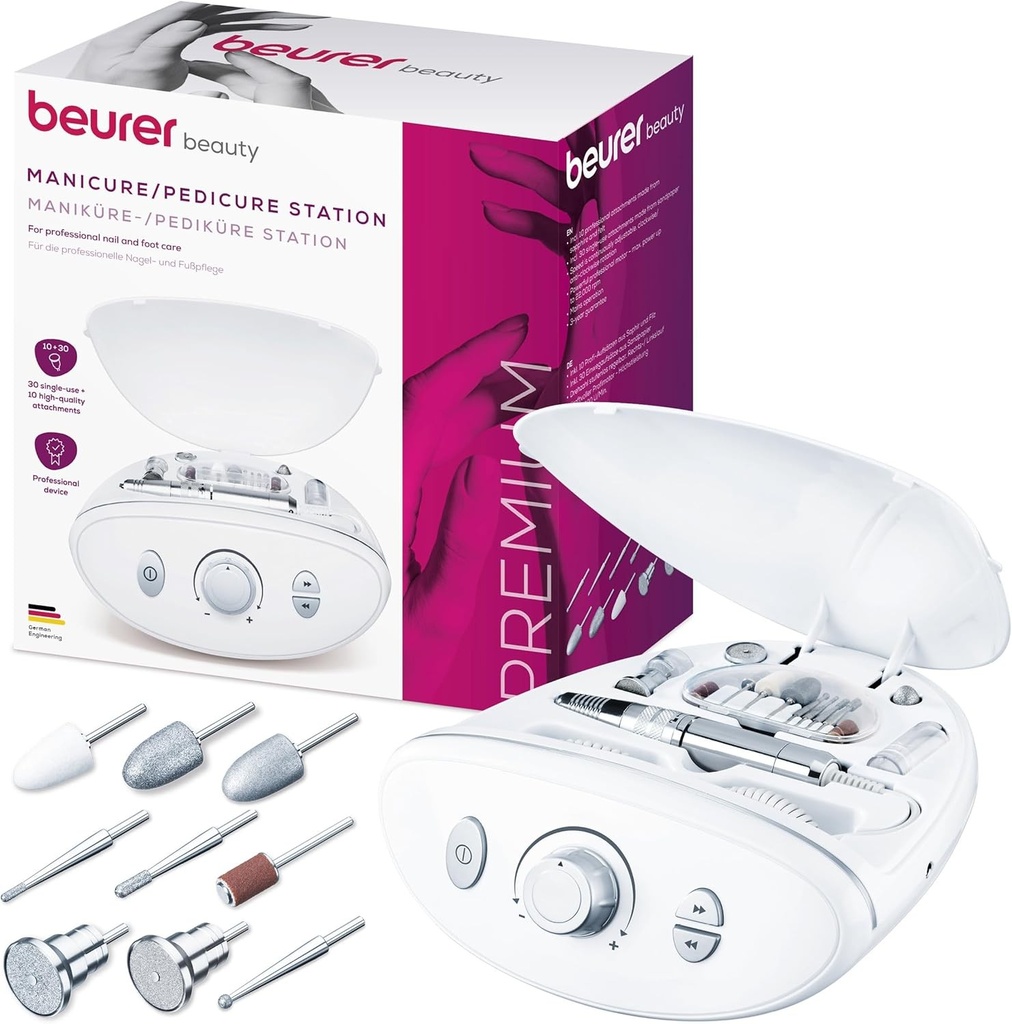 Statie electrica profesionala pentru manichiura si pedichiura Beurer MP 100, 10 accesorii din safir si fetru, capac de protectie impotriva prafului pe unghii, pana la 20.000 de rotatii pe minut, set de 41 de piese