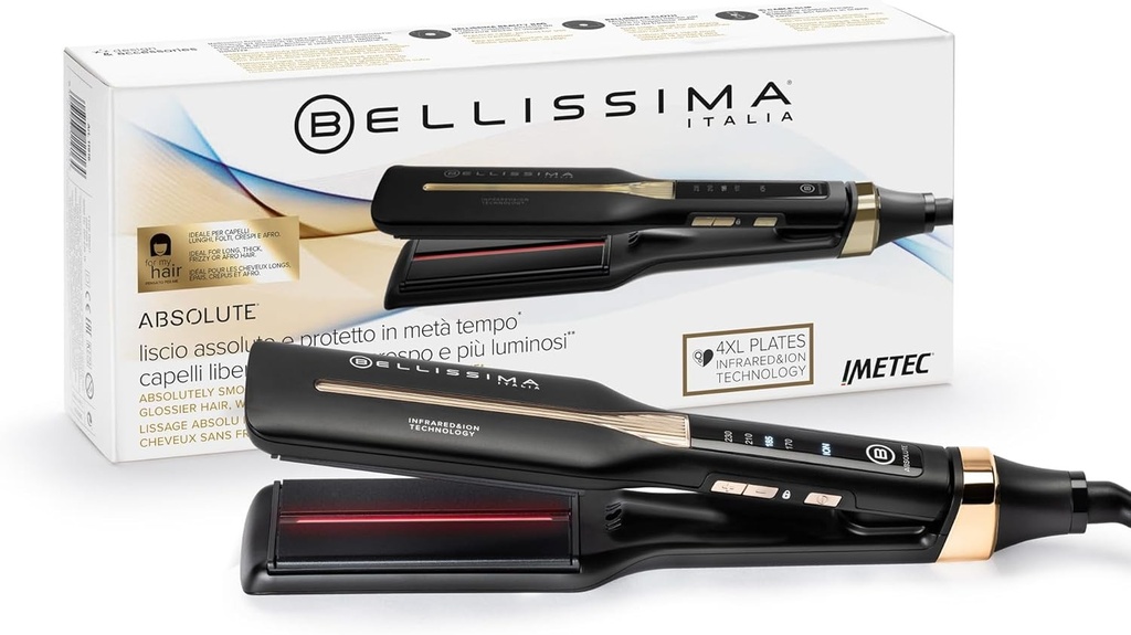 Bellissima Imetec Absolute, Placa de indreptat parul profesionala cu placi 4XL, tehnologie cu infrarosu si ioni, control al caldurii, acoperire ceramica si cu keratina, 4 temperaturi, geanta de infrumusetare