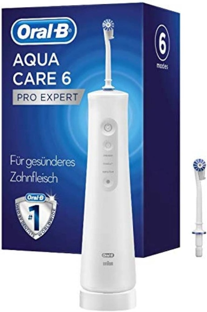Irigator oral Oral-B AquaCare 6 Pro-Expert, 2 duze de schimb, curatitor interdentar cu 6 moduri de curatare pentru ingrijire dentara delicata si gingii sanatoase, cadou pentru barbati/femei, conceput de Braun, alb/gri