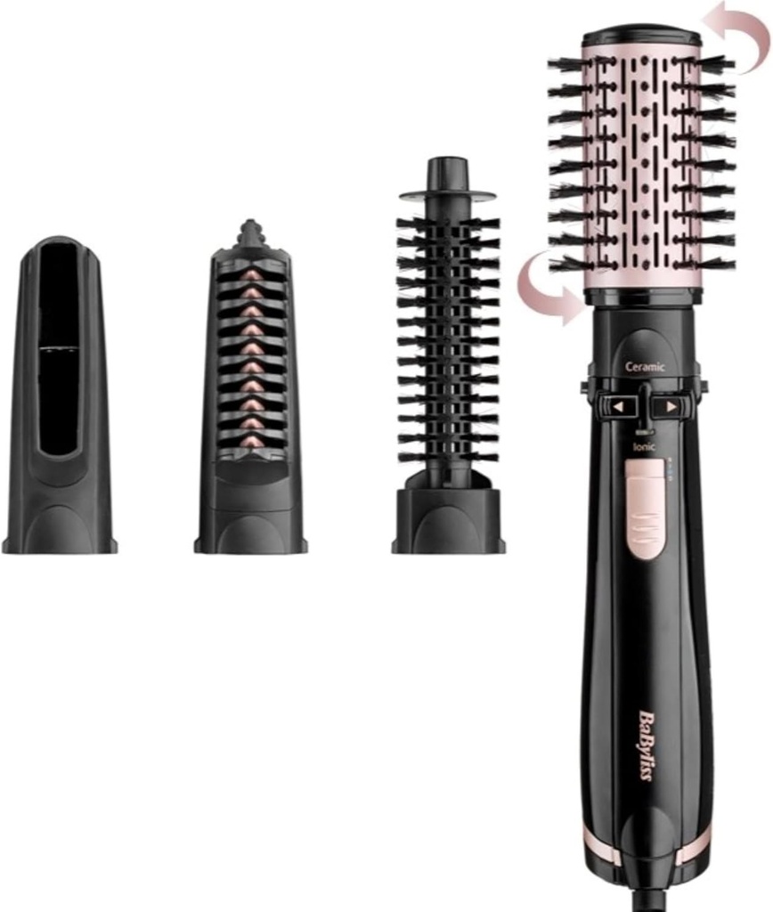 BaByliss Dry, Straighten and Style - Perie rotativa cu aer cald, Uscator de par cu perie ionic rotunda de 1000 W cu 4 accesorii pentru uscare, indreptare, creare de volum, Negru, AS200E