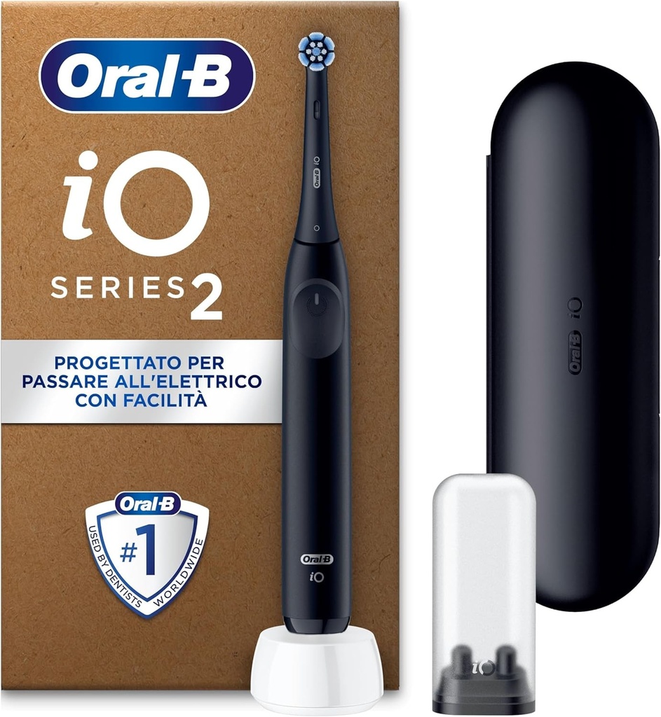 Periuta de dinti electrica Oral-B iO Series 2, 1 cap de periuta, 3 moduri de curatare pentru ingrijire orala, tehnologie magnetica, husa de calatorie, husa pentru cap de periuta de calatorie, conceputa de Braun, negru noapte