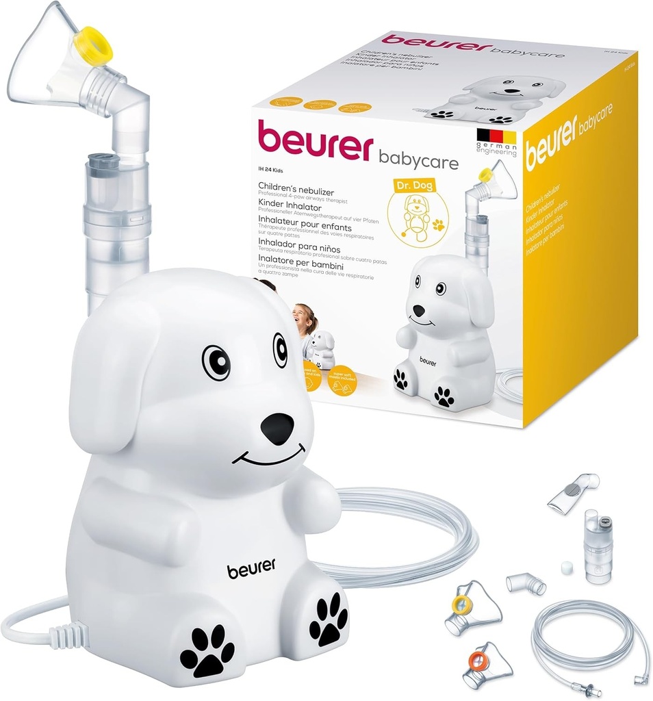 Inhalator Beurer IH 24 Kids cu design prietenos cu copiii, pentru nebulizarea medicamentelor lichide, de la 6 luni, performanta ridicata de nebulizare si timp scurt de inhalare, masca din silicon pentru piele sensibila