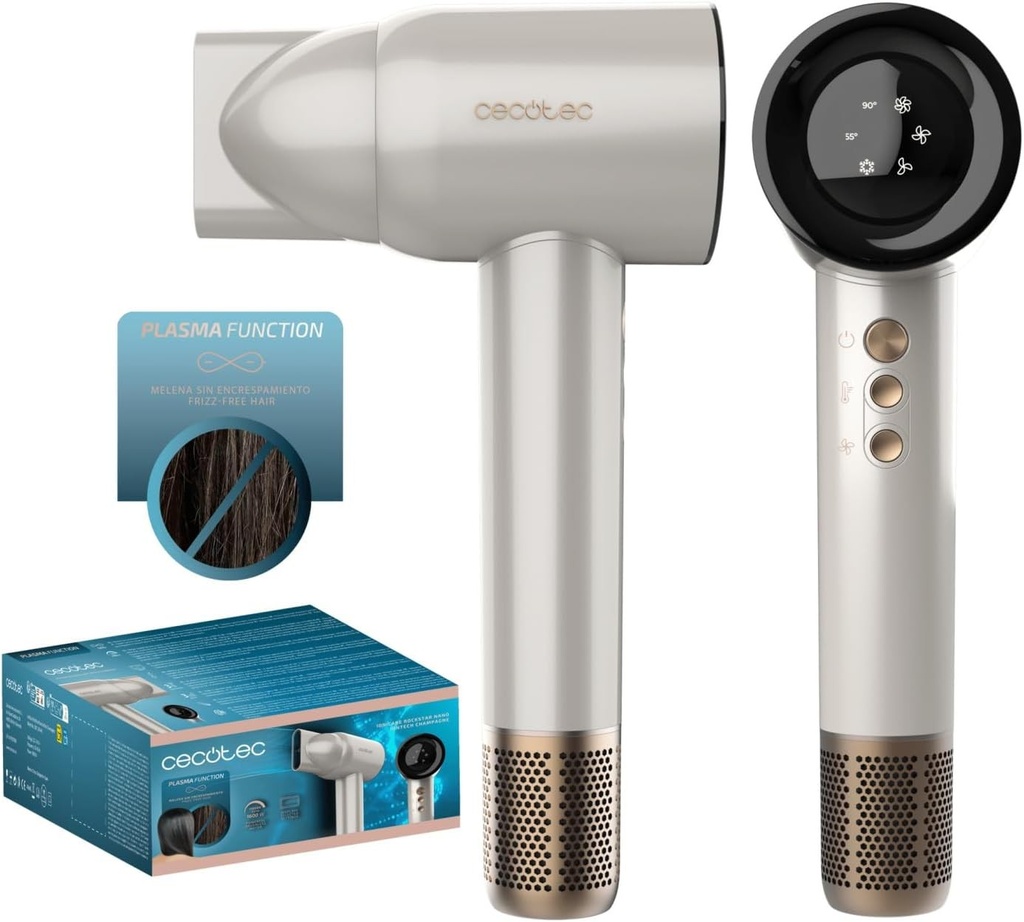 Uscator de par Cecotec Ionicare Rockstar Nano Iontech Champagne, uscator de par cu plasma, 110.000 RPM, afisaj, control inteligent al temperaturii, 3 setari de temperatura, functie de memorie
