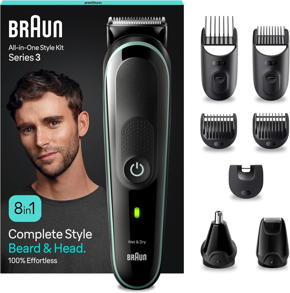 Set de tuns multifunctional Braun 3, aparat de tuns multifunctional 8 in 1, aparat de tuns pentru barba, aparat de tuns pentru parul din nas, aparat de tuns pentru fata, cap si corp, baterie de 80 de minute, 14 setari de lungime (3-21 mm), rezistent la apa, MGK3441, negru