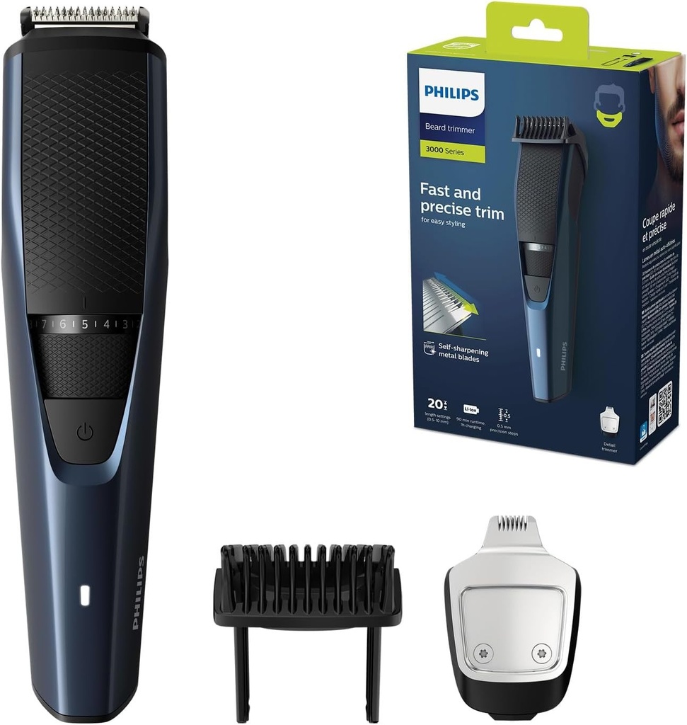 Aparat de tuns barba Philips Series 3000 - Aparat de tuns barba electric pentru barbati cu aparat de tuns barba detaliat, sistem de ridicare si tundere, 90 de minute de functionare a bateriei si doar 1 ora de incarcare (Model BT3238/15)
