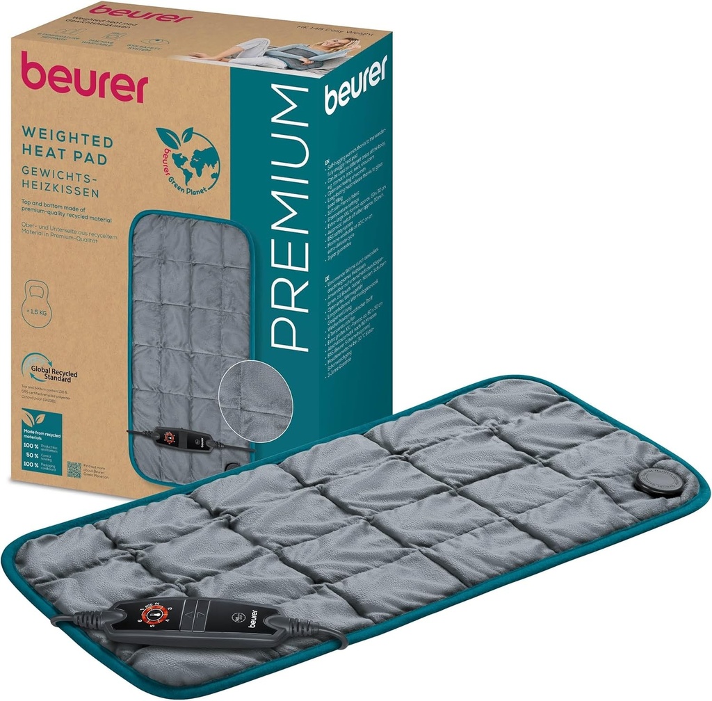 Perna incalzitoare Beurer HK 145 Cosy Weight, perna incalzitoare moale cu o greutate de 1500 g pentru mai multa relaxare, caldura calmanta si imbratisatoare, perna incalzitoare cu umplutura din margele de sticla, 60 x 30 cm