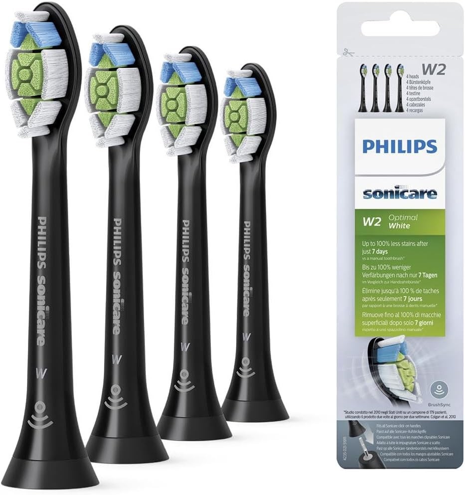 Capete de periuta Philips Sonicare Original W2 Optimal White standard pentru periute de dinti sonice - Pachet de 4, negru (Model HX6064/11)