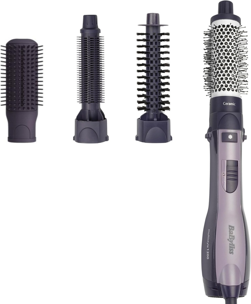Perie pentru uscator de par BaByliss Multistyler cu tehnologie ionica anti-incretire, tehnologie ceramica, 4 accesorii, negru, AS121E