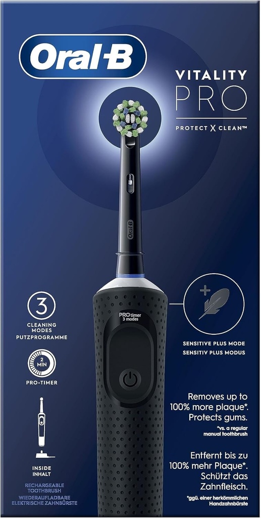 Periuta de dinti electrica Oral-B Vitality Pro, neagra, pentru adulti, moduri de curatare cu sensibilitate Plus, 1 cap de periuta de schimb, 1 incarcator