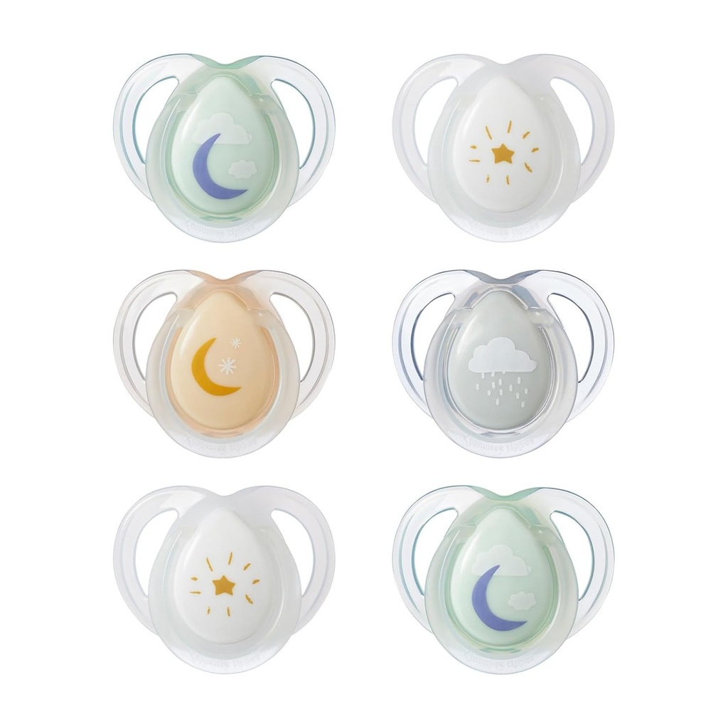 Suzete Tommee Tippee Nighttime, 0-6 luni, pachet de 6 suzete care stralucesc in intuneric cu recipient sterilizabil reutilizabil