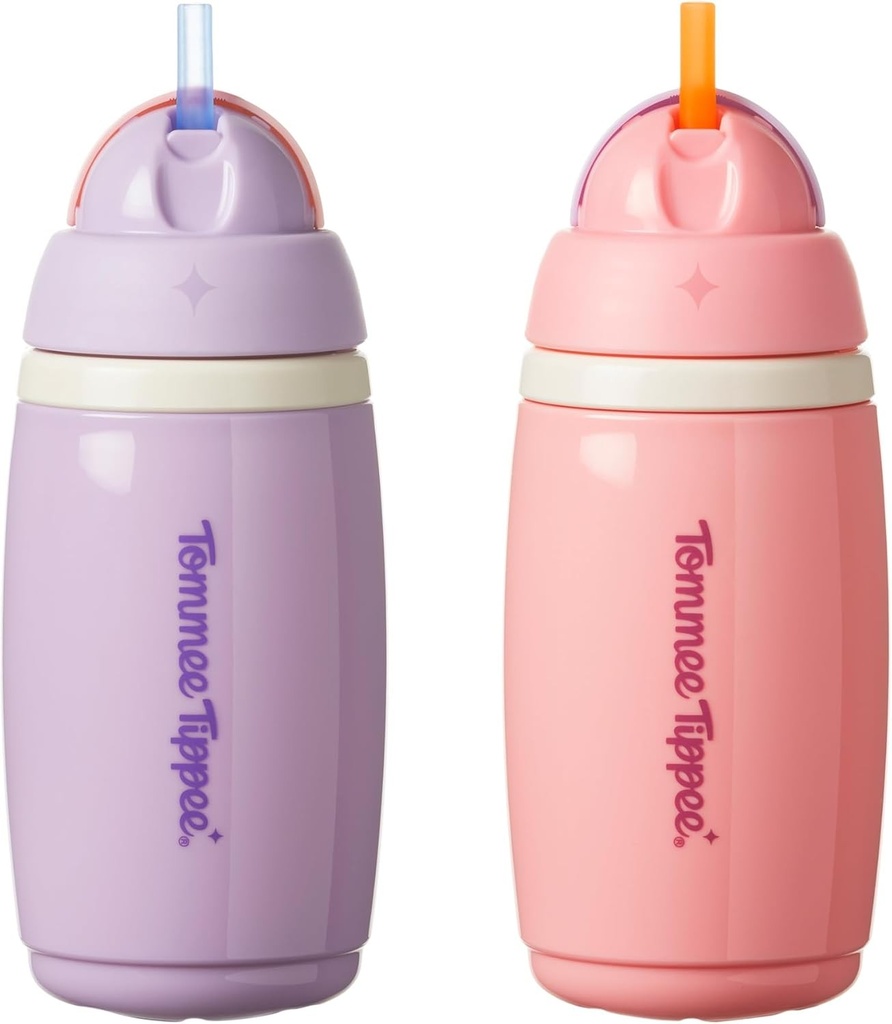 Sticla de apa Tommee Tippee cu pai izolat, 266 ml, anti-scurgere pentru copii mici de la 12 luni in sus, capac rabatabil care ajuta la mentinerea paiului curat, roz si violet, pachet de 2