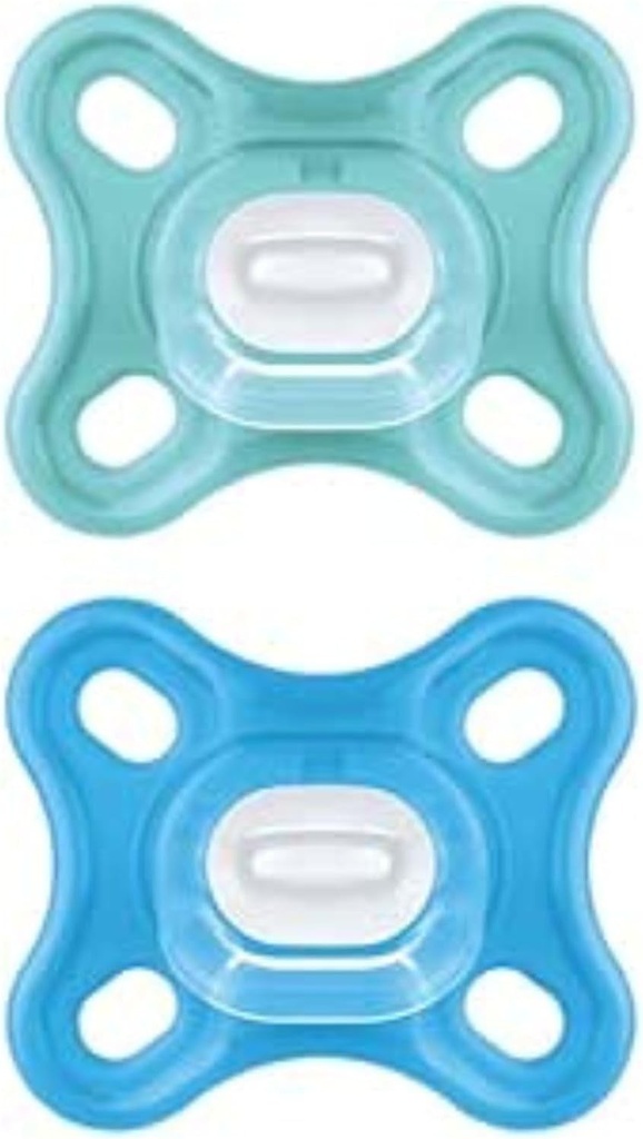 Suzeta MAM Comfort 0-3 luni (Set de 2), Suzeta MAM 0-3 luni din silicon 100% cu design unic, Kit de 2 accesorii moi si usoare pentru nou-nascuti cu suport sterilizant pentru suzeta, Albastru