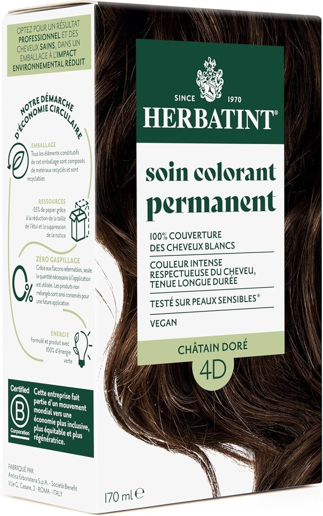 Tratament permanent pentru vopsirea parului Herbatint 4D Saten Auriu - 170 ml | Fara amoniac, acoperire 100% a firelor albe | Testat dermatologic pentru ten sensibil, cu 8 extracte organice de plante
