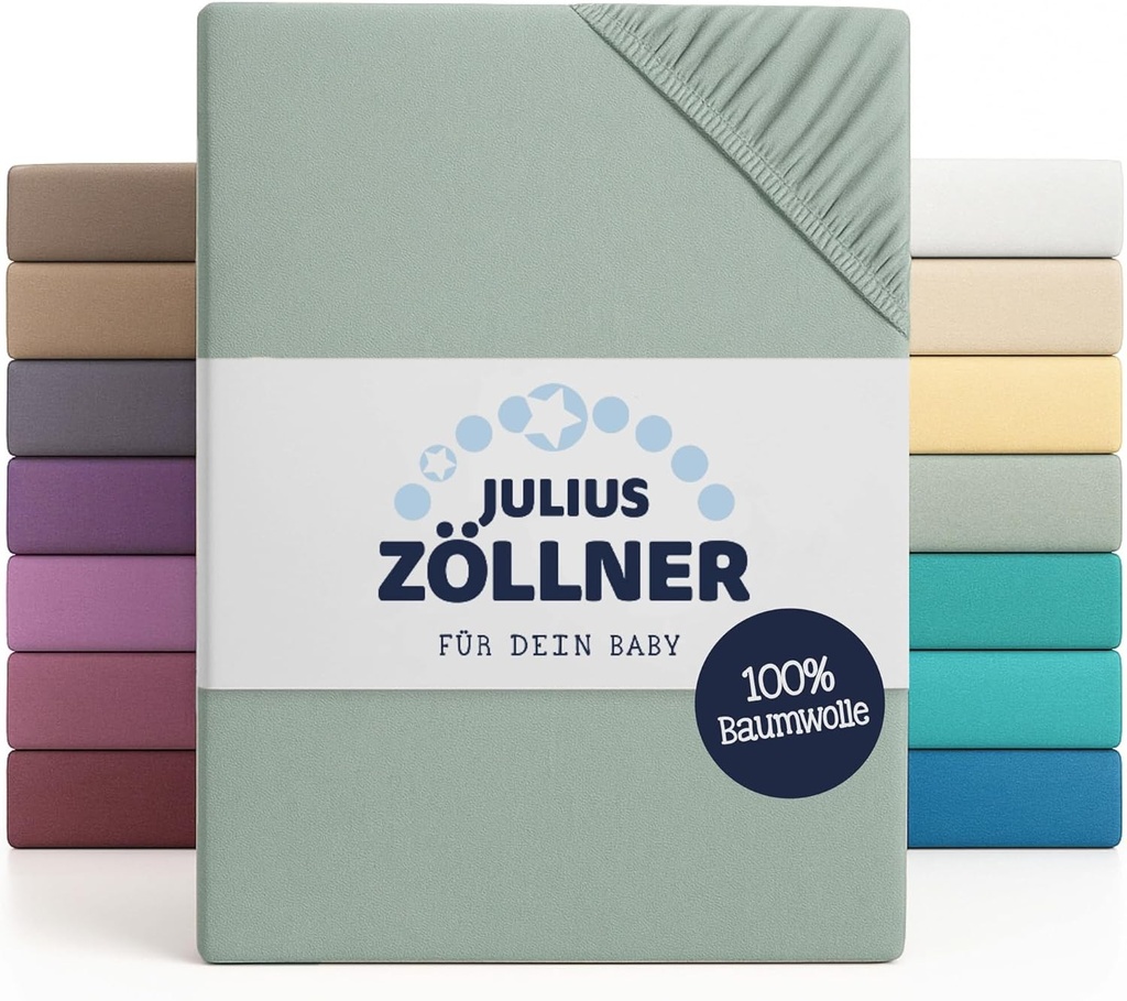 Cearsaf cu elastic Julius Zollner Jersey pentru pat de bebelusi si copii, 100% bumbac Jersey, certificat OEKO-TEX Standard 100, dimensiune: 60x120cm / 70x140cm, 1 pachet, salvie