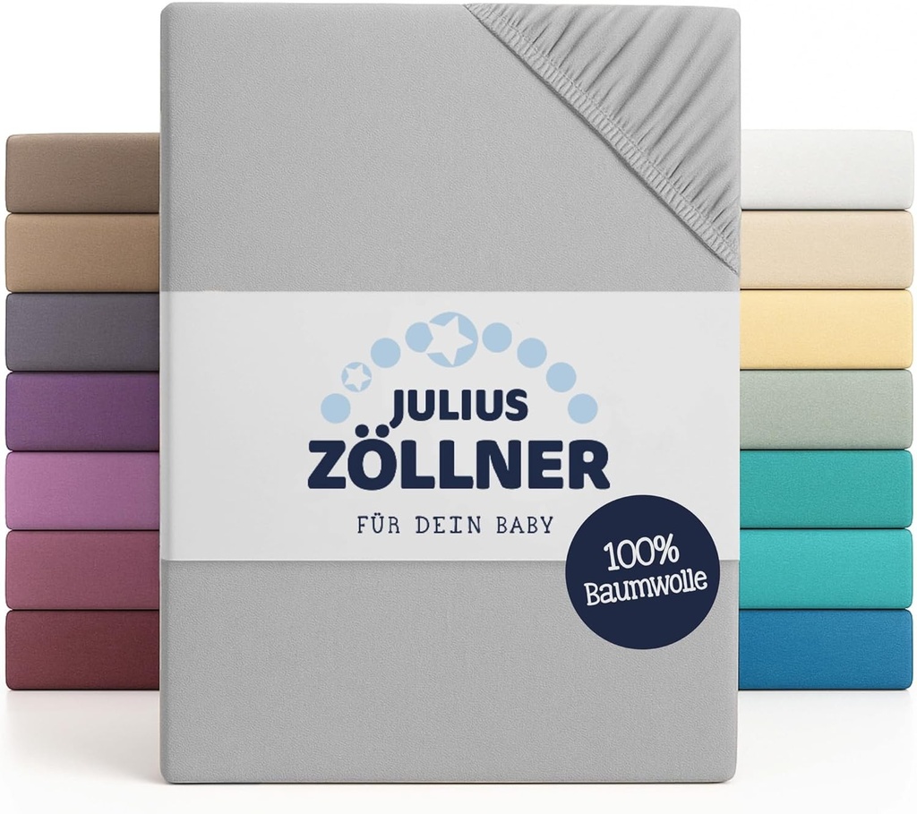 Cearsaf cu elastic Julius Zollner Jersey pentru pat de bebelusi si copii, 100% bumbac Jersey, certificat OEKO-TEX Standard 100, dimensiune: 60x120cm / 70x140cm, 1 pachet, gri deschis