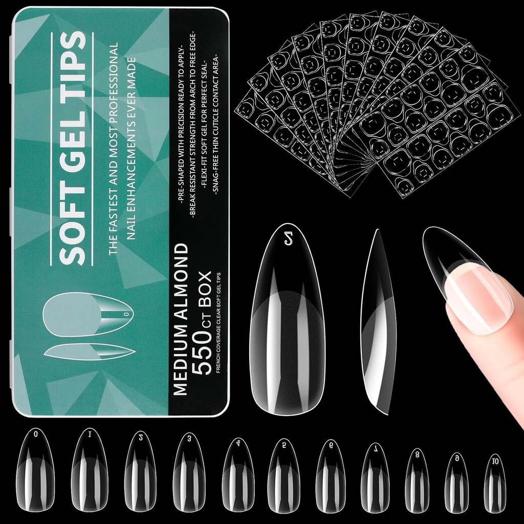 Alyvisun Tips Unghii Migdale, 550 Bucati Tips Unghii Acrilice Cu Acoperire Completa cu 240 Bucati Set de Autocolante pentru Unghii, 11 Dimensiuni Tips Transparent pentru Unghii cu Gel Tips Unghii cu Gel Moale Tips Unghii Migdale