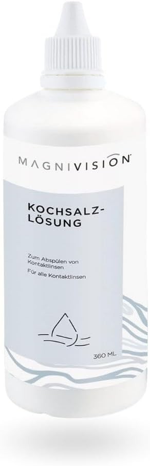 Solutie salina MAGNIVISION, 360 ml solutie salina pentru lentile de contact, pentru clatirea lentilelor de contact moi si dure, fara borat, fabricata in Europa