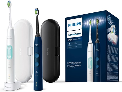 Philips Sonicare ProtectiveClean 5100 - Periute de dinti electrice cu 3 moduri de periaj, senzor de presiune, cronometru si husa de transport, alba si albastra, pachet de 2, model HX6851/34