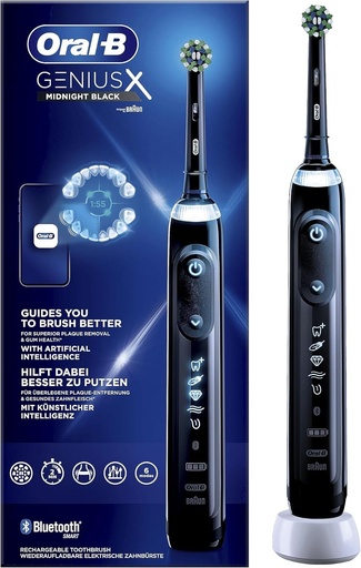 Periuta de dinti electrica Oral-B Genius X cu inteligenta artificiala si recunoastere a tehnicii de periaj, control vizual al presiunii, 6 moduri de periaj, inclusiv sensibil, cronometru, negru