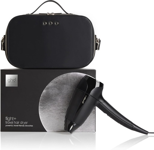 ghd - Uscator de par ghd Flight+ - Uscator de par de calatorie (negru) - Geanta de toaleta inclusa - Pliabil si cu voltaj dublu - 78% din puterea unui uscator de par conventional - Ideal pentru toate tipurile de par