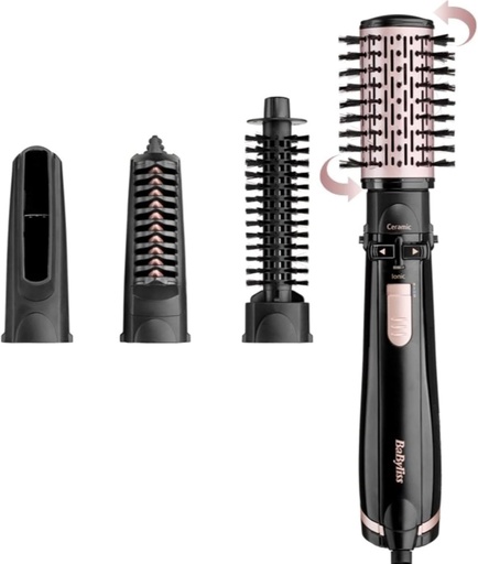 BaByliss Dry, Straighten and Style - Perie rotativa cu aer cald, Uscator de par cu perie ionic rotunda de 1000 W cu 4 accesorii pentru uscare, indreptare, creare de volum, Negru, AS200E