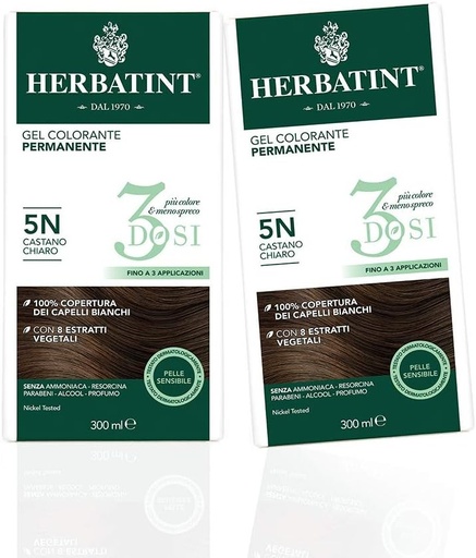 Gel colorant permanent Herbatint 3 doze 5N, maro deschis, 2 x 300 ml
