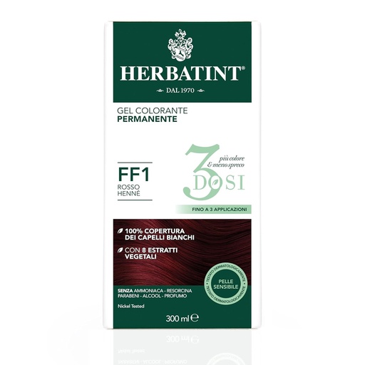 Gel colorant permanent Herbatint 3 doze, 300ml - FF1 Rosu Henna, fara amoniac, pentru ten sensibil, acoperire 100% a parului alb, cu 8 extracte organice naturale