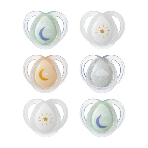 Suzete Tommee Tippee Nighttime, 0-6 luni, pachet de 6 suzete care stralucesc in intuneric cu recipient sterilizabil reutilizabil