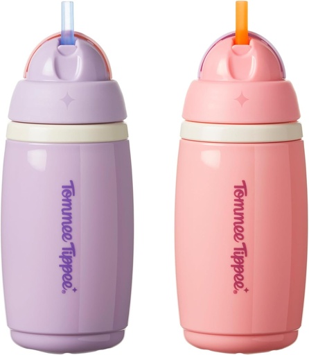 Sticla de apa Tommee Tippee cu pai izolat, 266 ml, anti-scurgere pentru copii mici de la 12 luni in sus, capac rabatabil care ajuta la mentinerea paiului curat, roz si violet, pachet de 2
