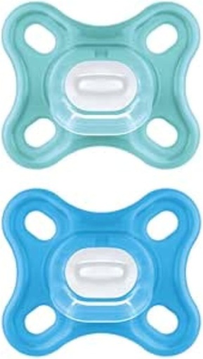 Suzeta MAM Comfort 0-3 luni (Set de 2), Suzeta MAM 0-3 luni din silicon 100% cu design unic, Kit de 2 accesorii moi si usoare pentru nou-nascuti cu suport sterilizant pentru suzeta, Albastru